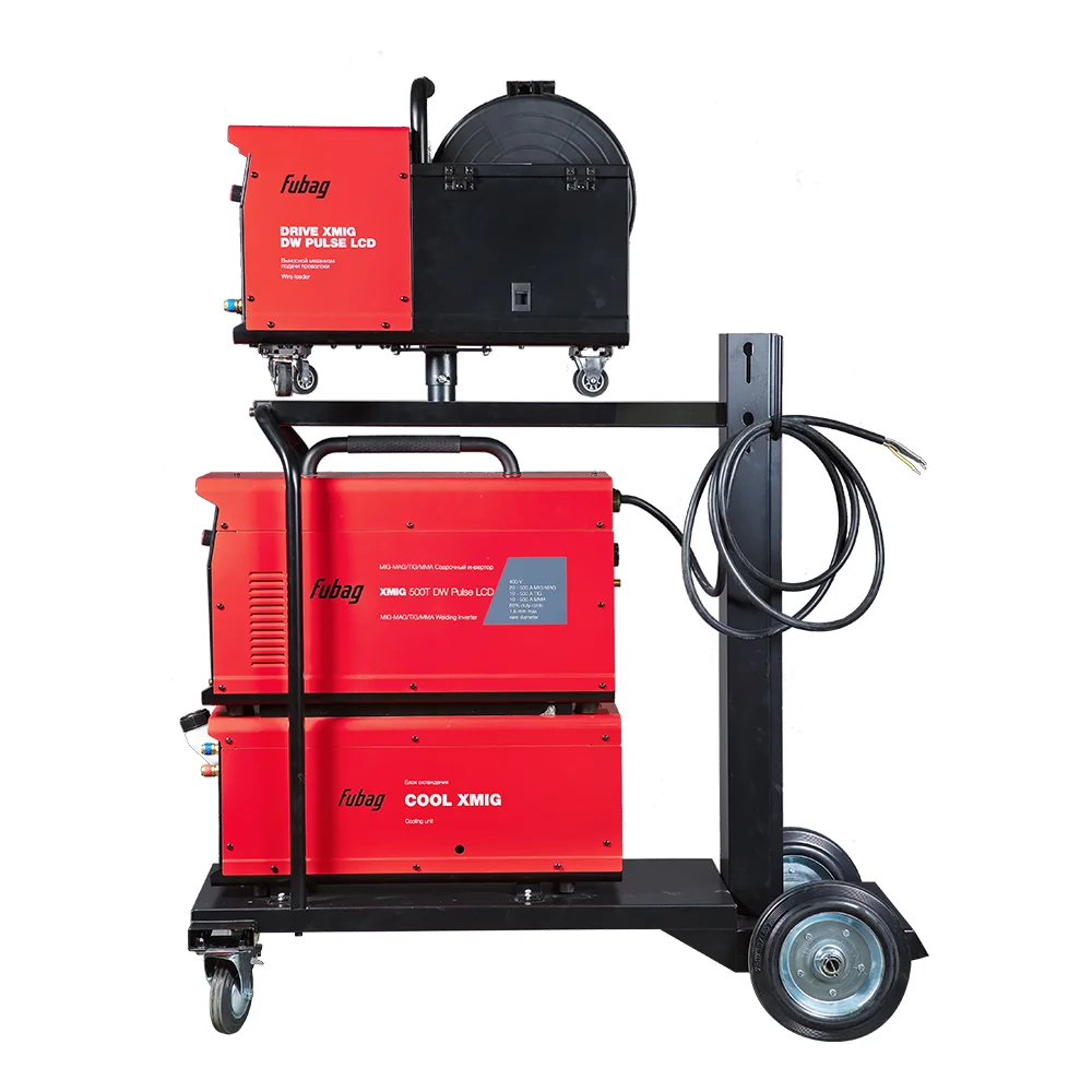 Сварочный полуавтомат FUBAG XMIG 500T DW ПУЛЬС (PULSE) + Подающий механизм ДРАЙВ (DRIVE) XMIG DW ПУЛЬС (PULSE) + Горелка FB 550W 3m + Блок жидкостного охлаждения Cool XMI + Шланг-пакет 5 метров 95 мм2 14 pol с жидкостным охлаждением + Тележка для аппарато