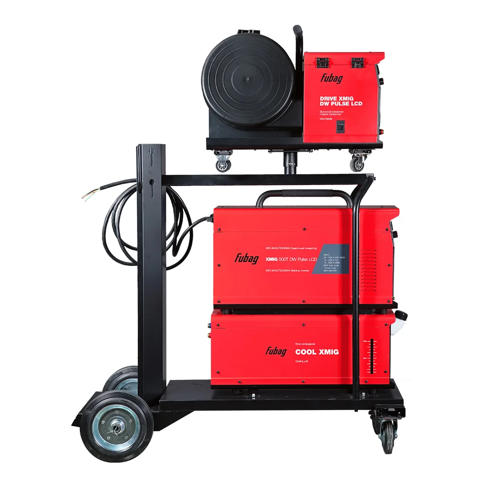 Сварочный полуавтомат FUBAG XMIG 500T DW ПУЛЬС (PULSE) + Подающий механизм ДРАЙВ (DRIVE) XMIG DW ПУЛЬС (PULSE) + Горелка FB 550W 3m + Блок жидкостного охлаждения Cool XMI + Шланг-пакет 5 метров 95 мм2 14 pol с жидкостным охлаждением + Тележка для аппарато